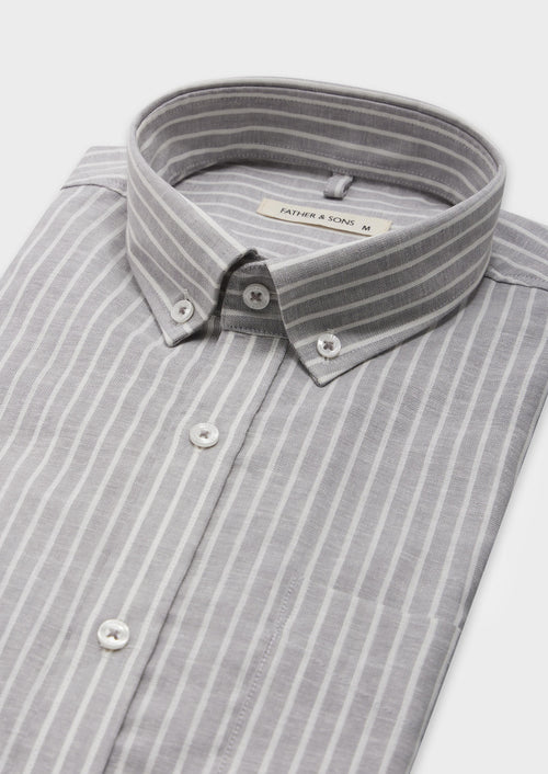 Chemise sport Slim en lin et coton gris à rayures blanches - Father & Sons - 2