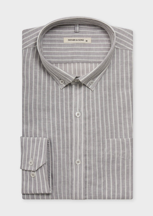 Chemise sport Slim en lin et coton gris à rayures blanches - Father & Sons - 1
