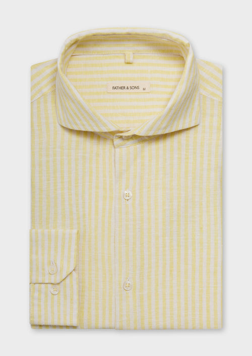 Chemise sport Slim en lin et coton blancs à rayures jaunes - Father & Sons - 1