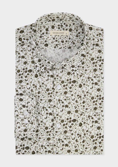 Chemise sport Slim en coton et lin blancs à motif fleuri kaki - Father & Sons - 1