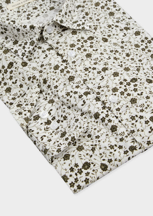 Chemise sport Slim en coton et lin blancs à motif fleuri kaki - Father & Sons - 3