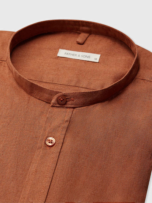 Chemise sport Slim en lin uni terracotta à col officier - Father & Sons - 2