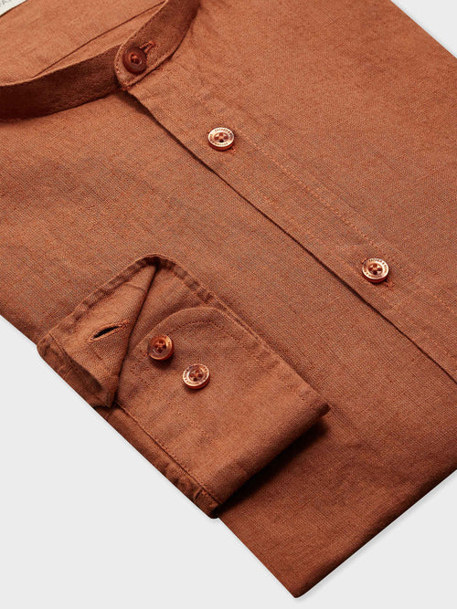 Chemise sport Slim en lin uni terracotta à col officier - Father & Sons - 3
