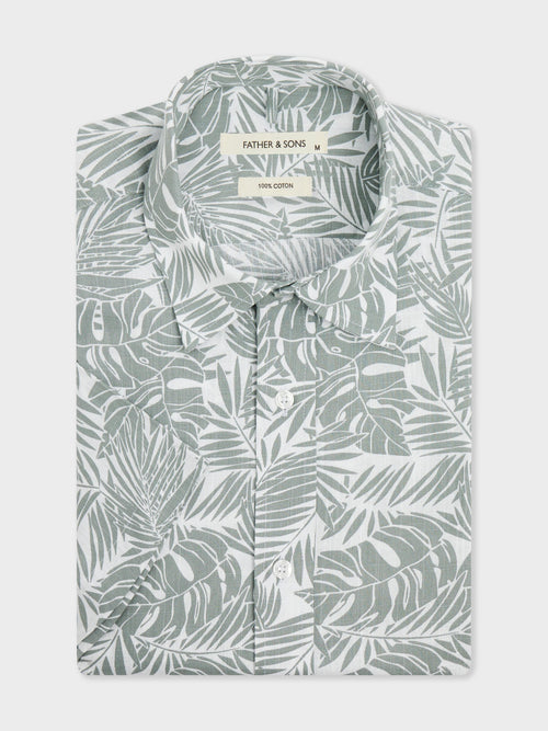Chemise manches courtes Slim en popeline de coton à motif fleuri kaki - Father & Sons - 1