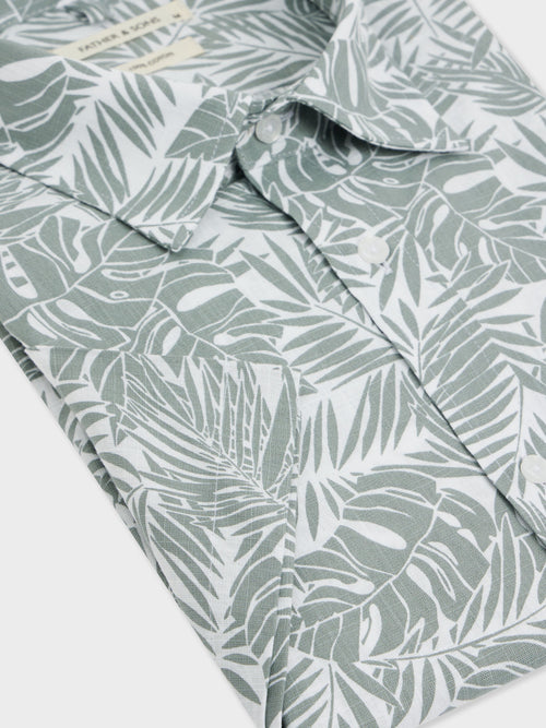Chemise manches courtes Slim en popeline de coton à motif fleuri kaki - Father & Sons - 3
