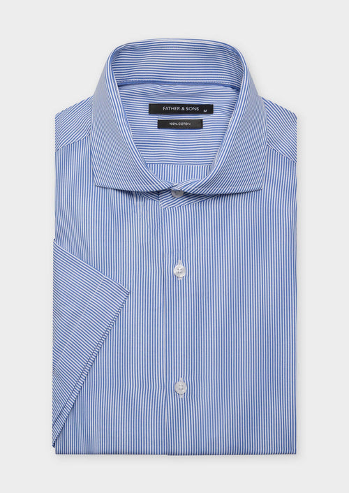 Chemise manches courtes Slim en coton Jacquard blanc à rayures bleu classique - Father & Sons - 1