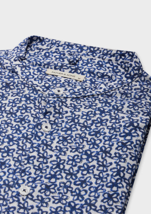 Chemise manches courtes Slim en popeline de coton et lin blancs à motif fleuri bleu à col officier - Father & Sons - 2