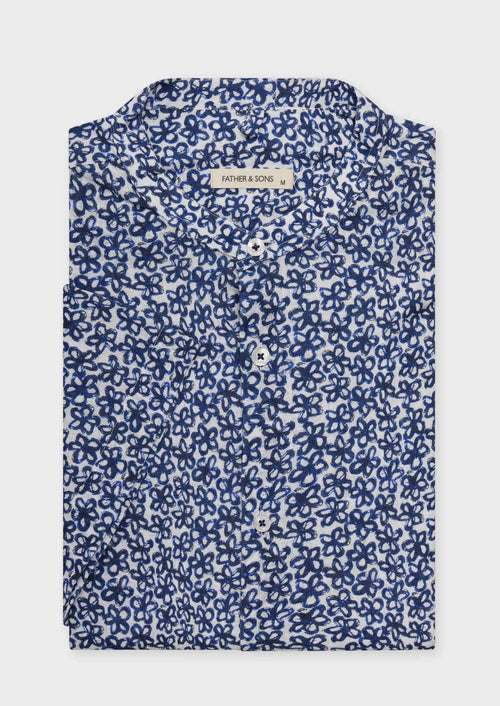 Chemise manches courtes Slim en popeline de coton et lin blancs à motif fleuri bleu à col officier - Father & Sons - 1