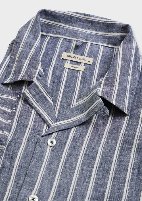 Chemise manches courtes Slim en popeline de lin bleu jeans à rayures blanches - Father & Sons - 2