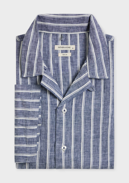 Chemise manches courtes Slim en popeline de lin bleu jeans à rayures blanches - Father & Sons - 1