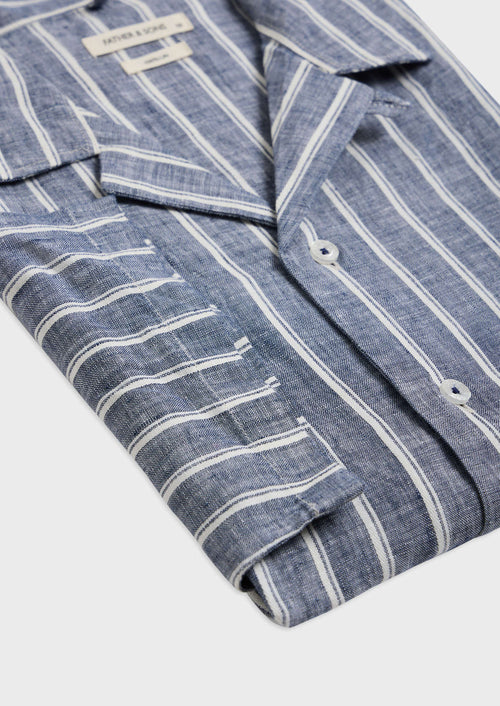Chemise manches courtes Slim en popeline de lin bleu jeans à rayures blanches - Father & Sons - 3