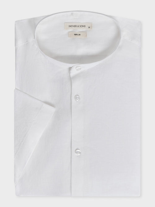 Chemise manches courtes Slim en popeline de lin uni blanc à col officier - Father & Sons - 1