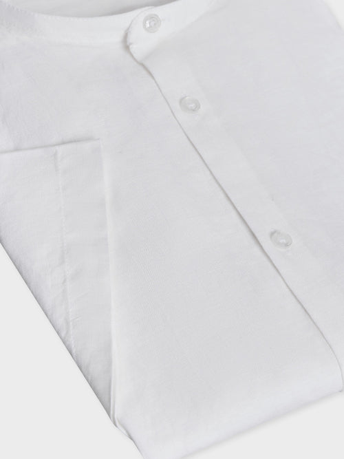 Chemise manches courtes Slim en popeline de lin uni blanc à col officier - Father & Sons - 3