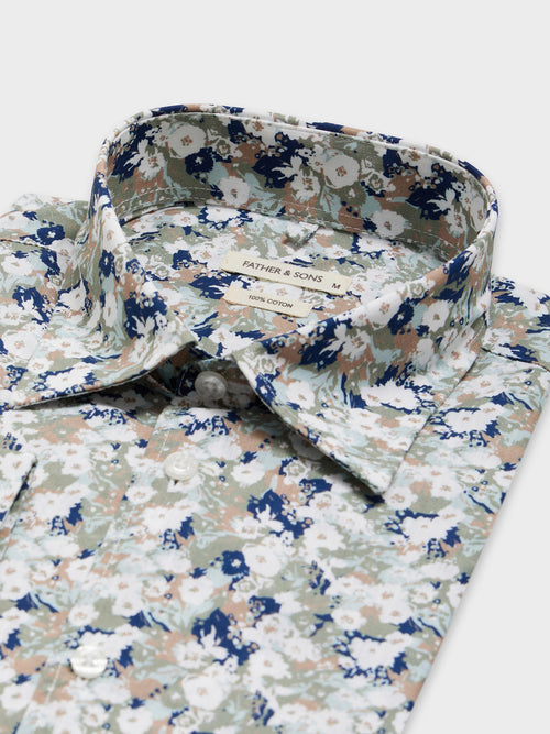 Chemise Slim en popeline de coton à motif fleuri kaki et bleu - Father & Sons - 2