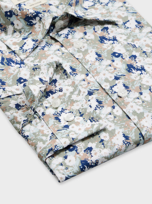 Chemise Slim en popeline de coton à motif fleuri kaki et bleu - Father & Sons - 3
