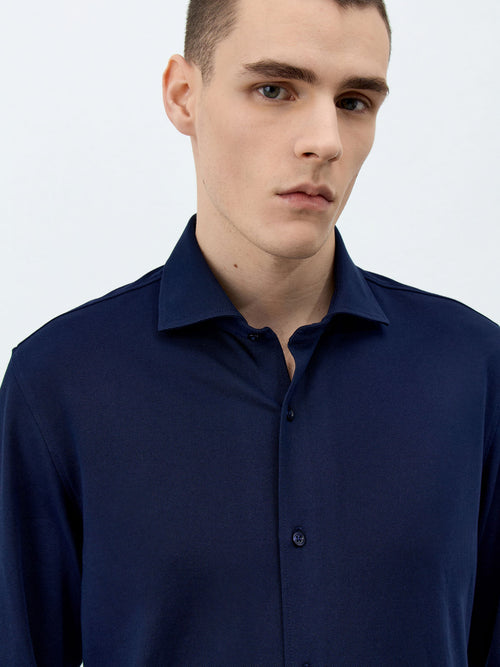 Chemise Slim en popeline de coton mélangé bleu marine - Father & Sons - 1