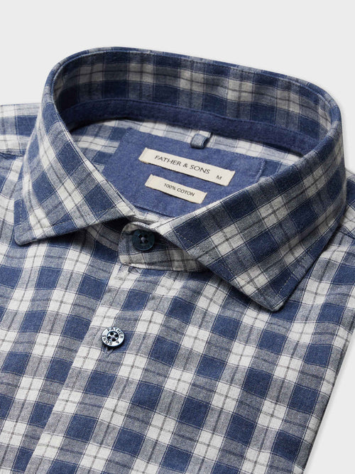 Chemise Regular en popeline de coton blanc à carreaux bleu turquin - Father & Sons - 2