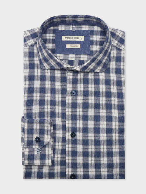 Chemise Regular en popeline de coton blanc à carreaux bleu turquin - Father & Sons - 1