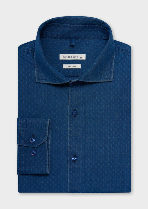Chemise sport Regular en coton façonné bleu indigo à motif fantaisie - Father & Sons - 1