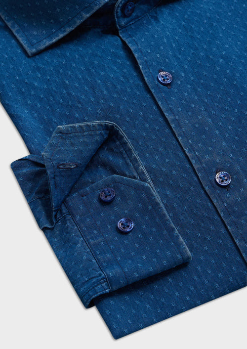 Chemise sport Regular en coton façonné bleu indigo à motif fantaisie - Father & Sons - 3