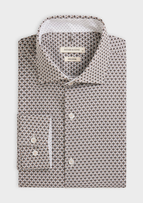 Chemise sport Slim en popeline de coton blanc à motif fantaisie marron - Father & Sons - 1