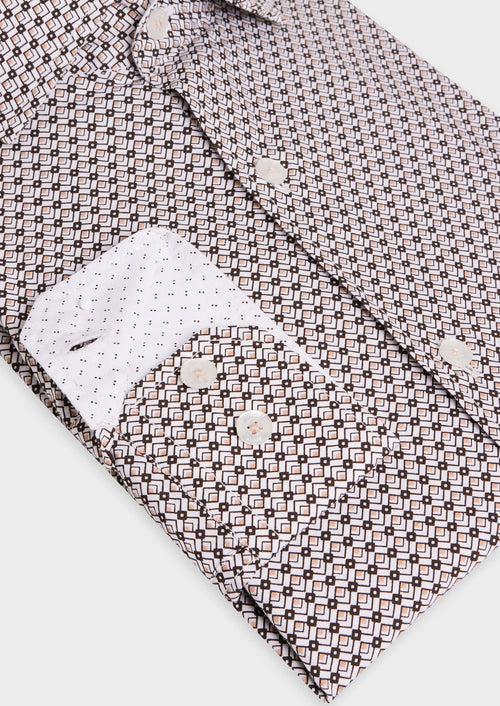 Chemise sport Slim en popeline de coton blanc à motif fantaisie marron - Father & Sons - 3