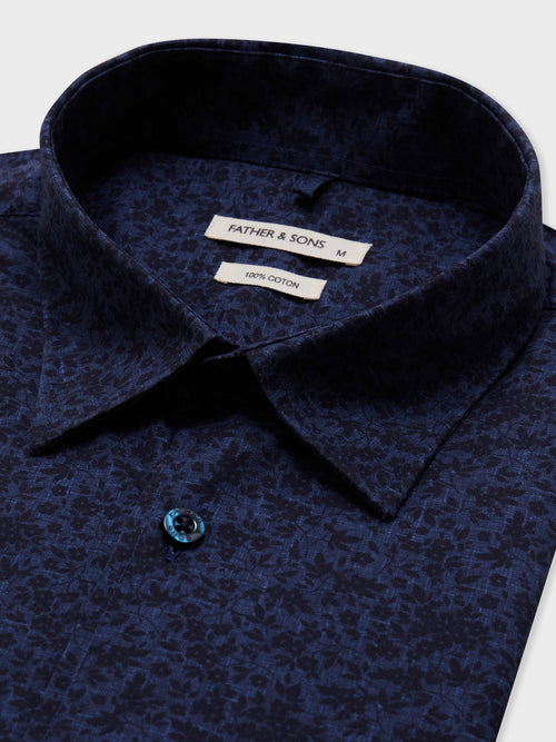 Chemise Slim en popeline de coton bleu indigo à motif fleuri - Father & Sons - 2