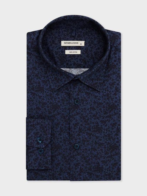 Chemise Slim en popeline de coton bleu indigo à motif fleuri - Father & Sons - 1