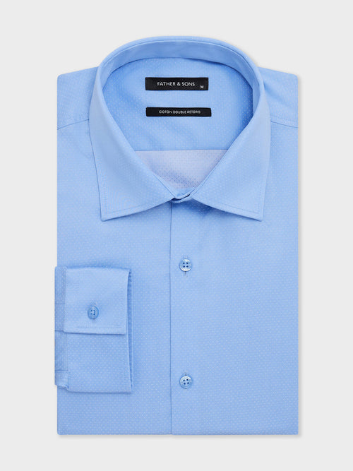 Chemise Slim en popeline de coton bleu azur à pois blancs - Father & Sons - 1