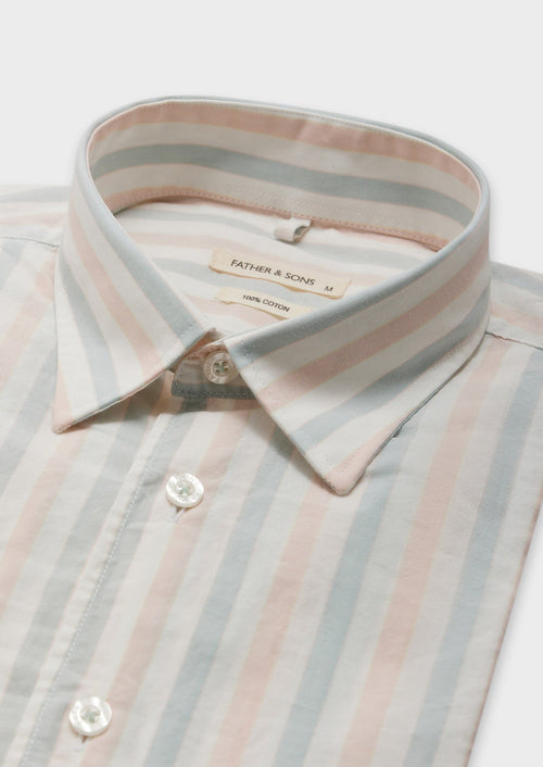 Chemise sport Slim en popeline de coton blanc à rayures rose et bleu - Father & Sons - 2