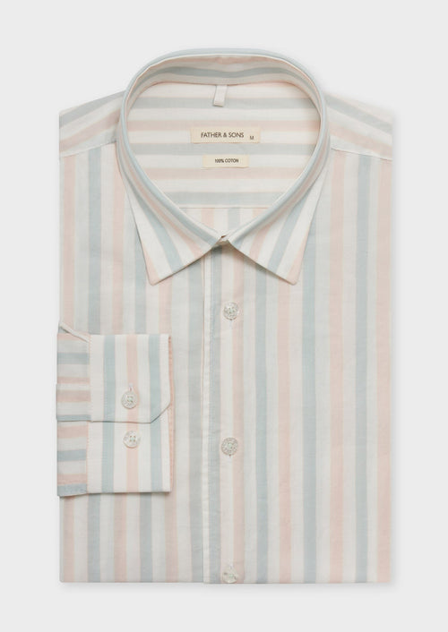 Chemise sport Slim en popeline de coton blanc à rayures rose et bleu - Father & Sons - 1