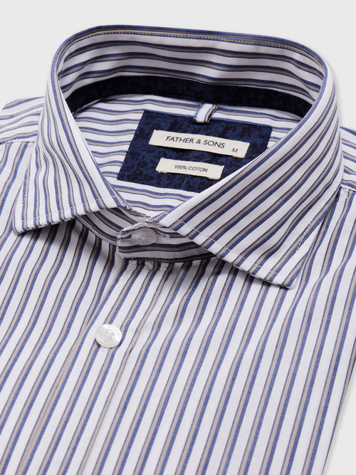 Chemise Slim en popeline de coton blanc à rayures bleu et beige - Father & Sons - 2