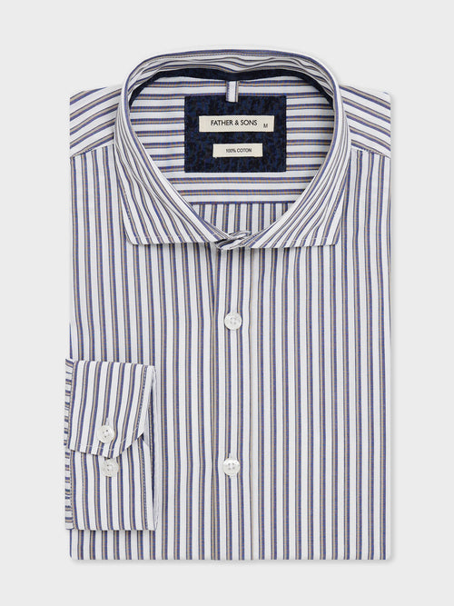 Chemise Slim en popeline de coton blanc à rayures bleu et beige - Father & Sons - 1