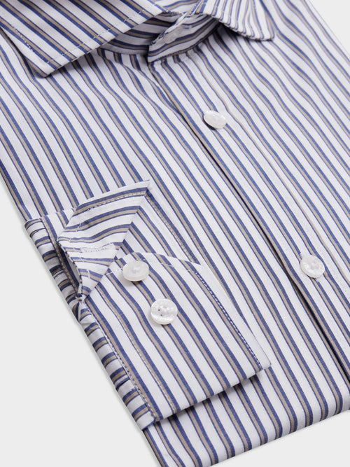 Chemise Slim en popeline de coton blanc à rayures bleu et beige - Father & Sons - 3