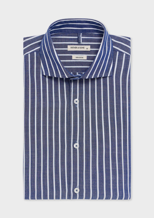 Chemise sport Slim en popeline de coton bleu jeans à rayures blanches - Father & Sons - 1