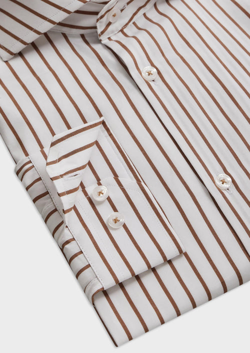 Chemise habillée Slim en popeline de coton blanc à rayures taupe - Father & Sons - 3