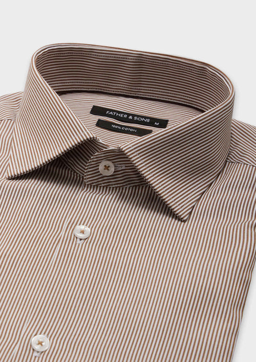 Chemise habillée Slim en popeline de coton blanc à rayures taupe - Father & Sons - 2