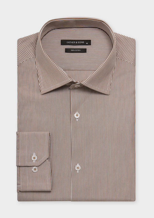 Chemise habillée Slim en popeline de coton blanc à rayures taupe - Father & Sons - 1
