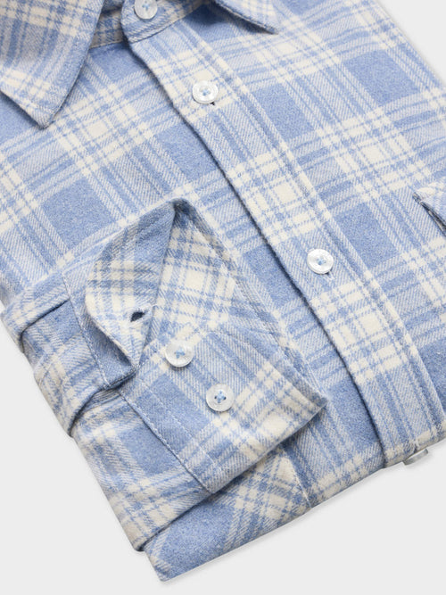 Chemise regular en popeline de coton mélangé bleu à carreaux - Father & Sons - 5
