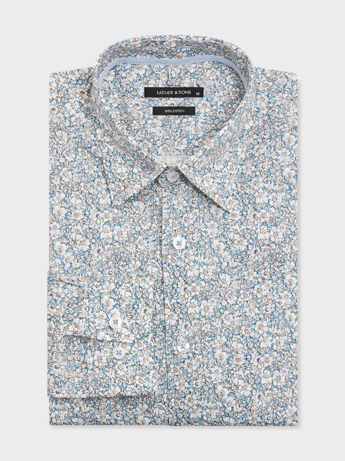 Chemise slim en popeline de coton bleu à motif fleuri - Father & Sons - 1