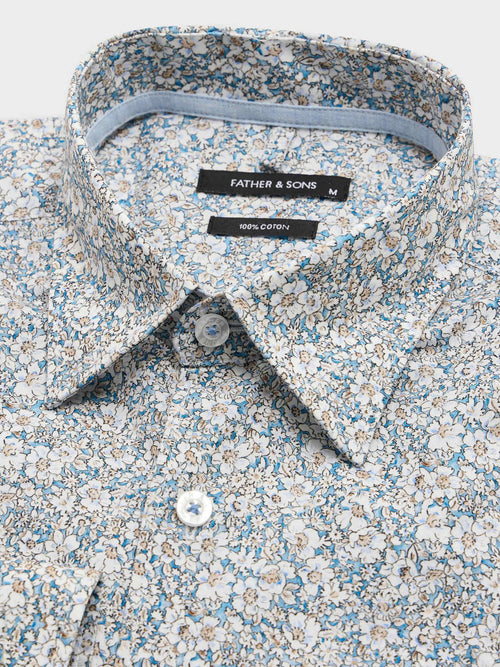 Chemise slim en popeline de coton bleu à motif fleuri - Father & Sons - 2