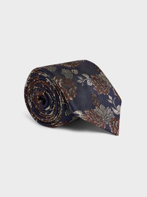 Cravate large en soie mélangée bleu indigo à motif fleuri - Father & Sons - 1