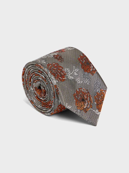 Cravate large en soie mélangée marron à motif fleuri - Father & Sons - 1