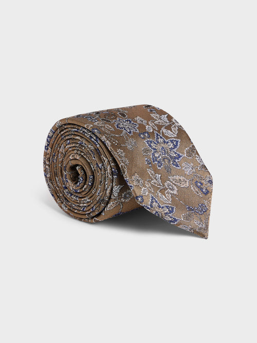 Cravate large en soie mélangée marron à motif fleuri - Father & Sons - 1