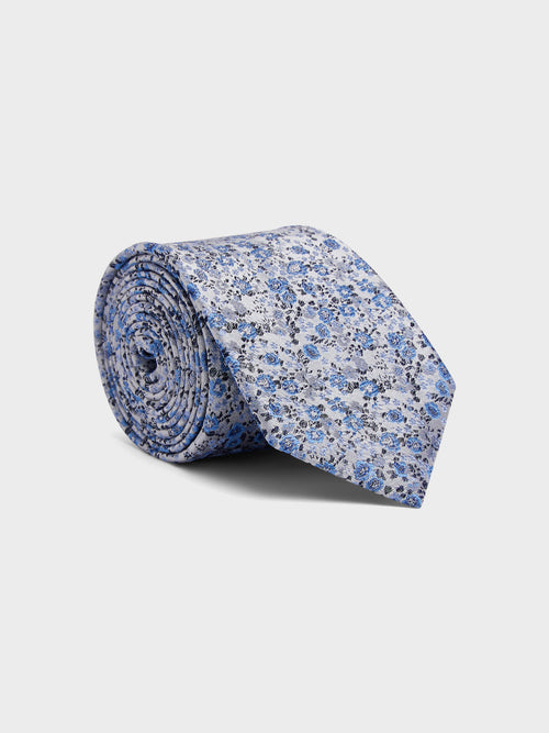 Cravate large en soie bleu azur à motif fleuri - Father & Sons - 1