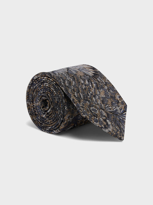 Cravate large en soie mélangée beige et bleu à motif fleuri - Father & Sons - 1