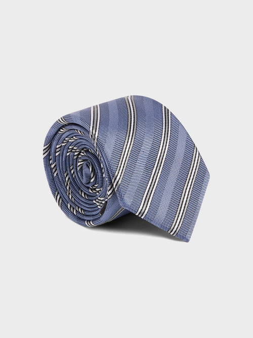 Cravate large en soie bleu chambray à rayures blanches - Father & Sons - 1