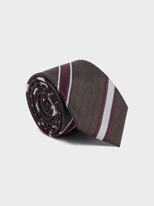 Cravate large en soie marron à rayures bordeaux et blanc - Father & Sons   -