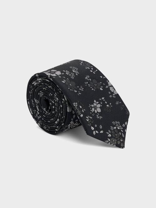 Cravate large en soie mélangée noire à motif fleuri blanc - Father & Sons - 1