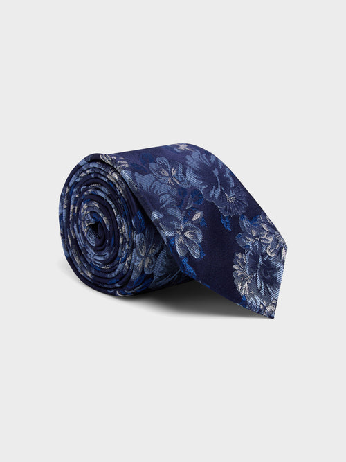 Cravate large en soie bleu indigo à motif fleuri - Father & Sons - 1